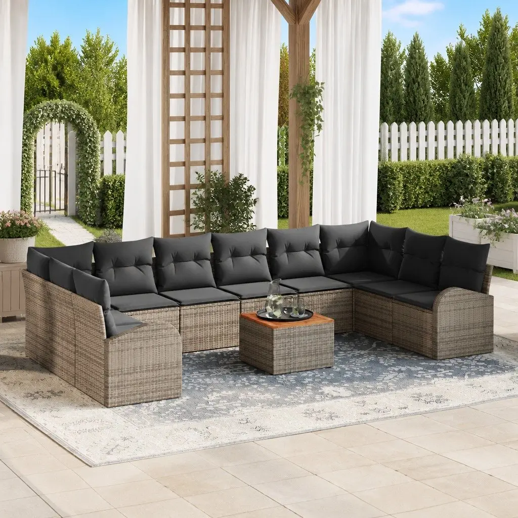 Modular Garden Sofa Set 11 Piece Outdoor Lounge Poly Rattan Grey Acacia Wood