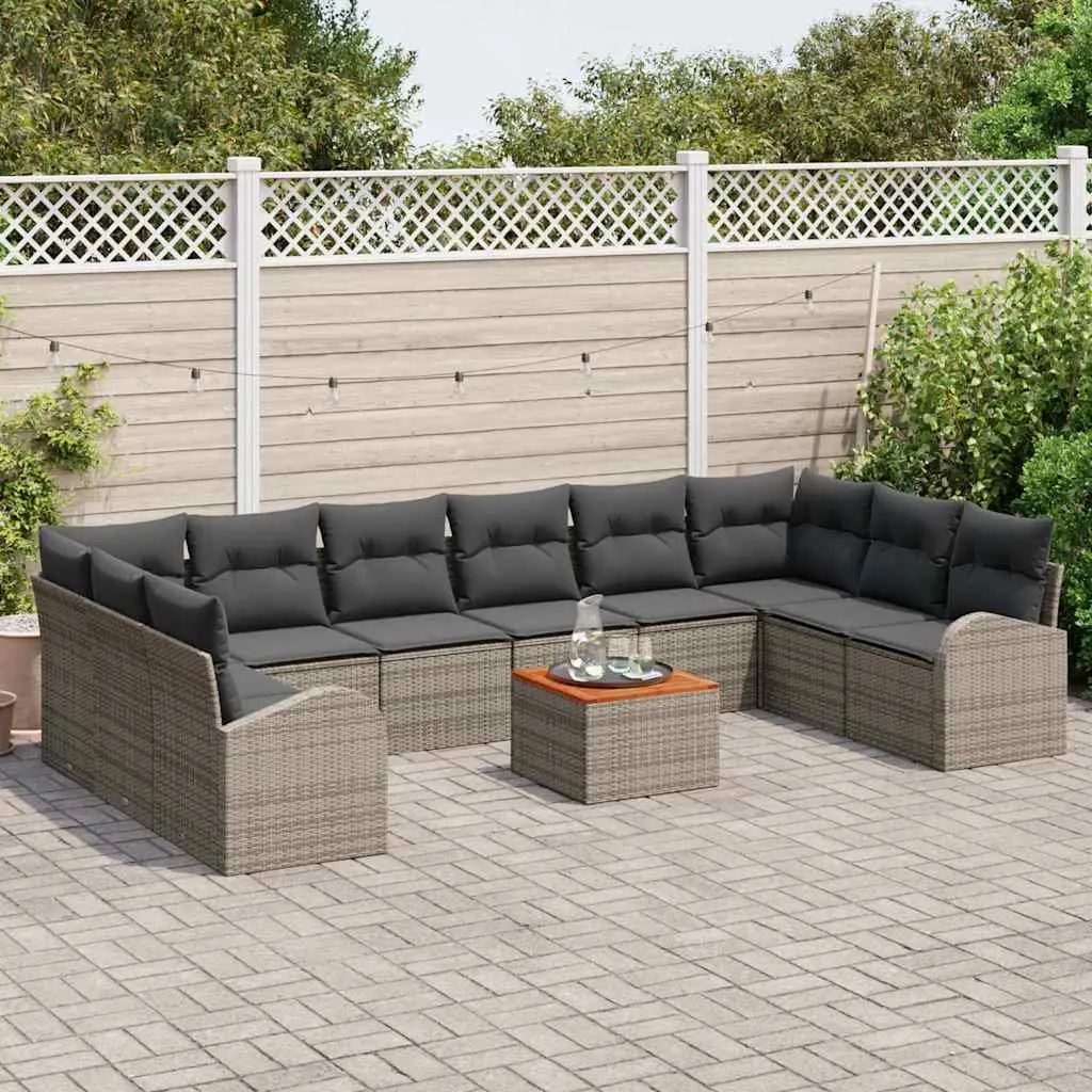Modular Garden Sofa Set 11 Piece Outdoor Lounge Poly Rattan Grey Acacia Wood