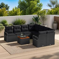 Garden Sofa Set Outdoor Furniture 9 Pieces Black Poly Rattan Acacia Modular