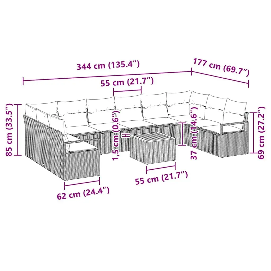 Modular Garden Sofa Set 11 Pieces Grey Outdoor Sectional Furniture
