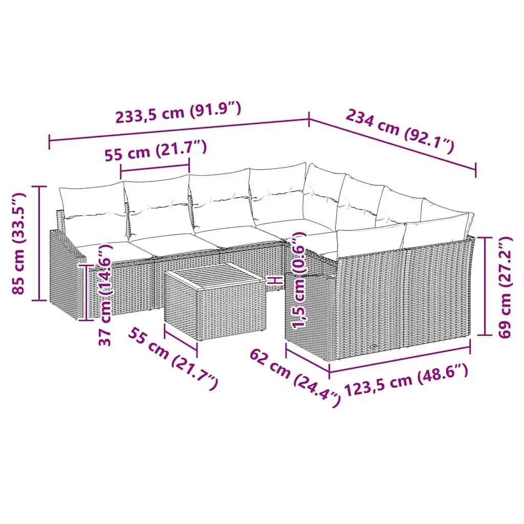 Modular Garden Sofa Set 9 Piece Grey Outdoor Furniture with Storage Table