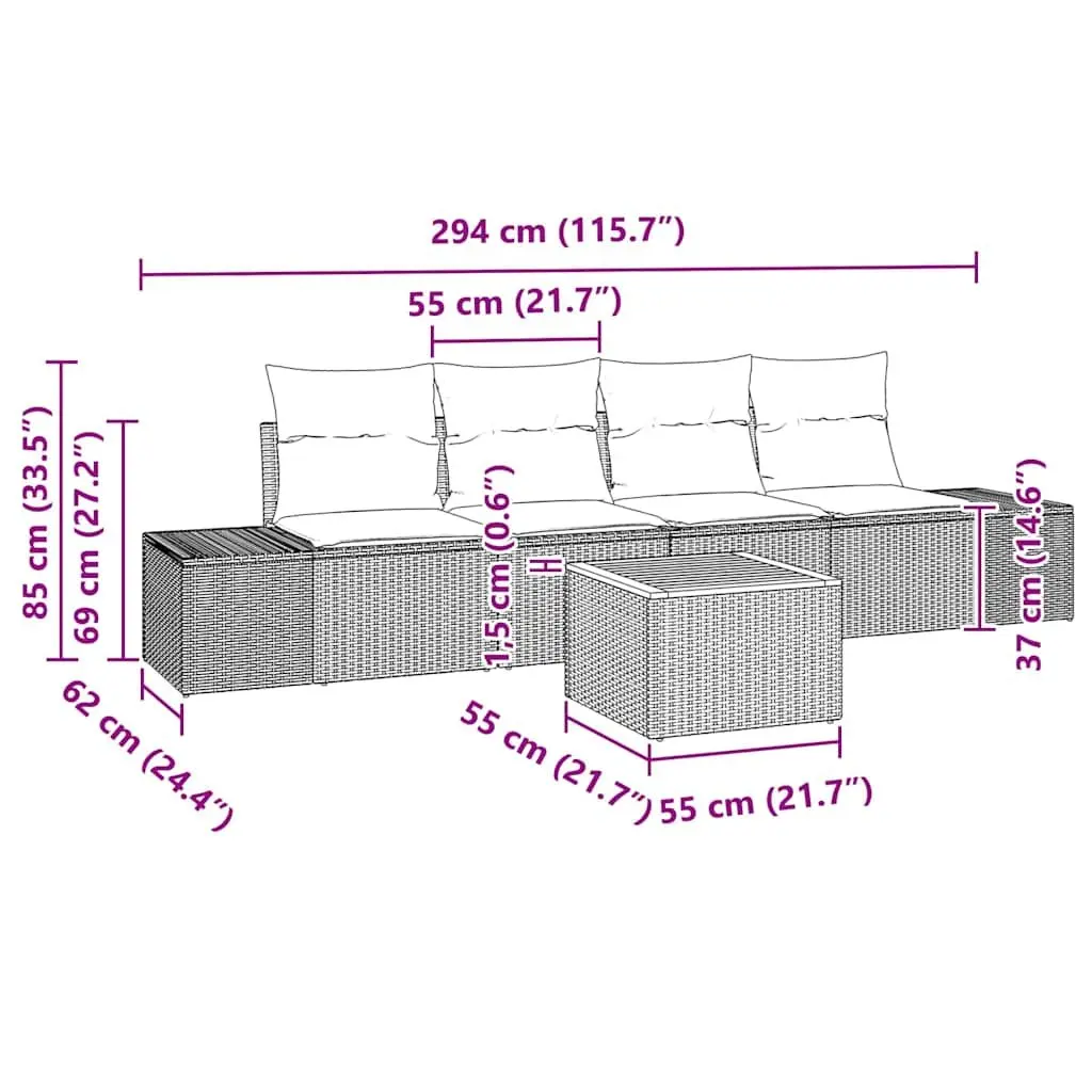 Outdoor Garden Sofa Set Modular 5 Pieces Grey Rattan Furniture Patio Lounge