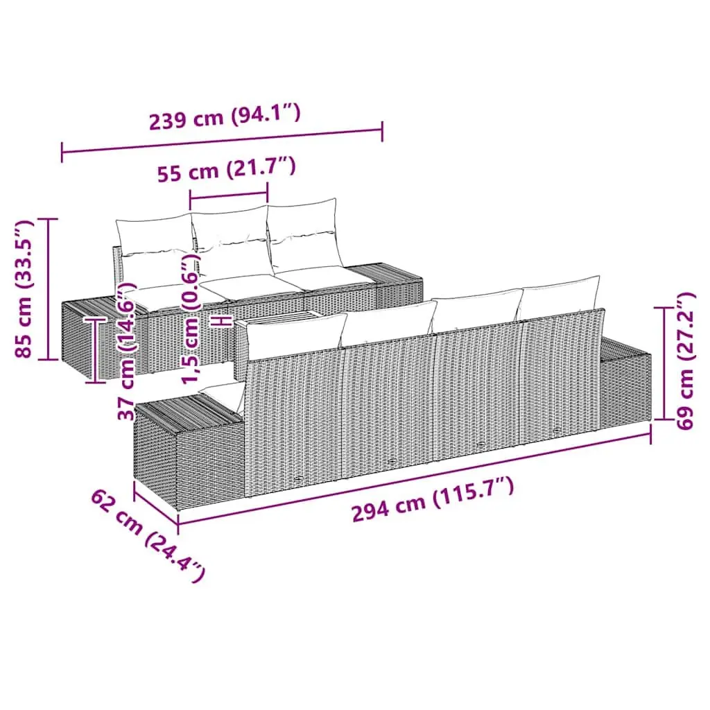 Modular Garden Sofa Set 8 Piece Outdoor Furniture Grey Poly Rattan