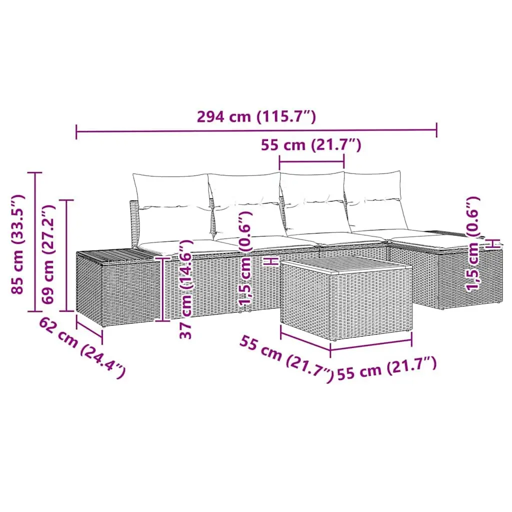 Garden Sofa Set Modular Outdoor Furniture 6 Piece Grey Poly Rattan
