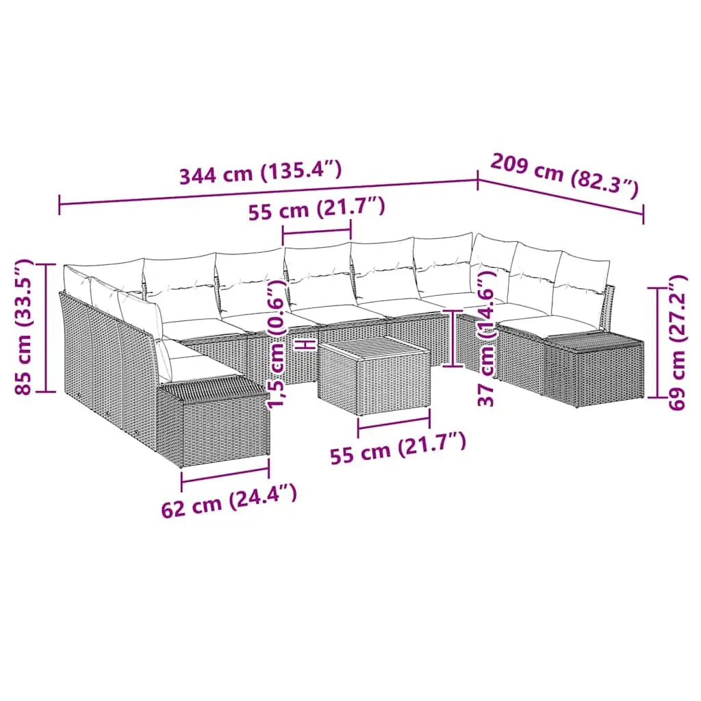 Outdoor Garden Sofa Set 11 Pcs Modular Furniture Rattan Steel Wood Grey