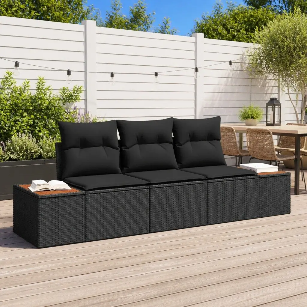 Outdoor Garden Sofa Set 3 Pcs Black Poly Rattan Storage Cushions Seating
