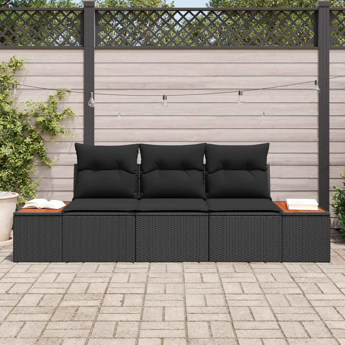 Outdoor Garden Sofa Set 3 Pcs Black Poly Rattan Storage Cushions Seating