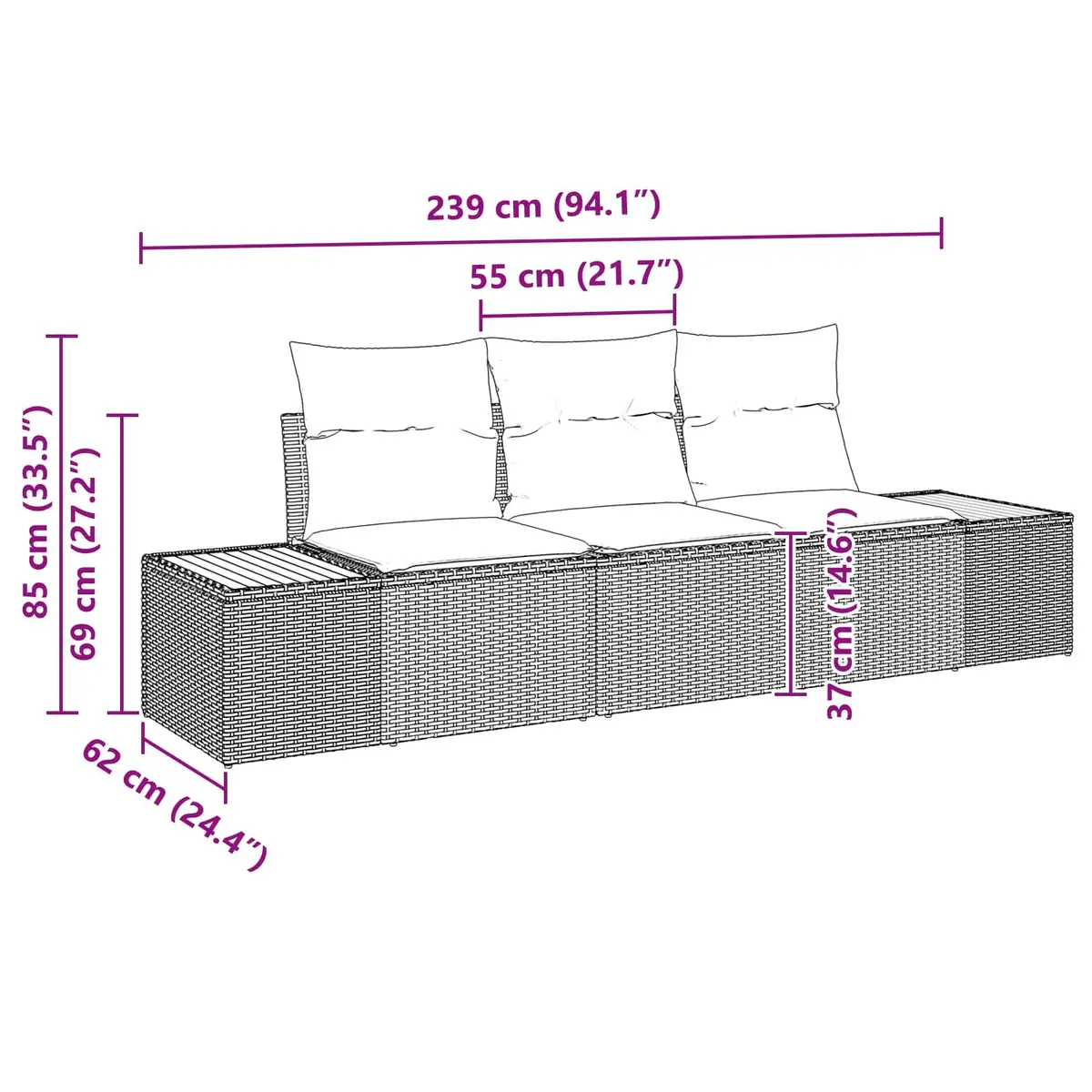 Outdoor Garden Sofa Set 3 Pcs Black Poly Rattan Storage Cushions Seating