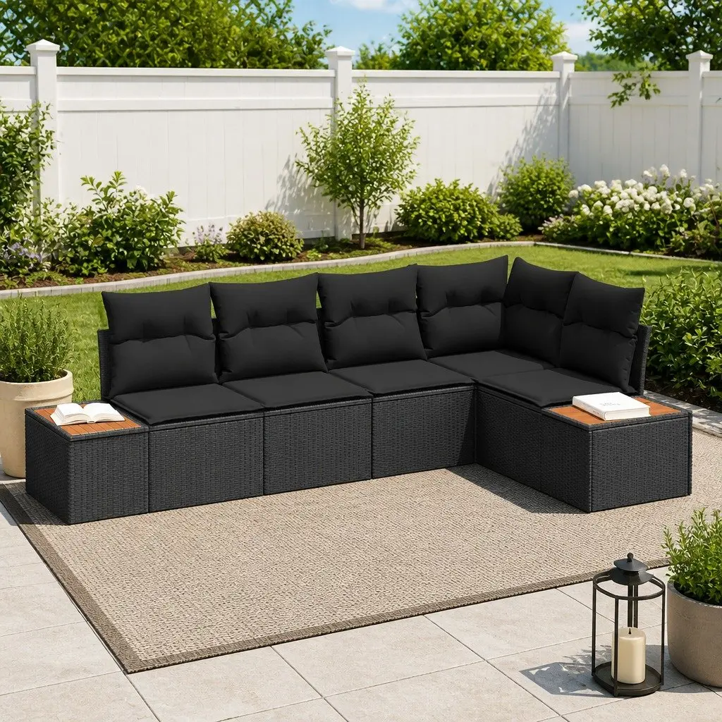 Modular Garden Sofa Set 5 Piece Outdoor Living Black Poly Rattan Patio Seating