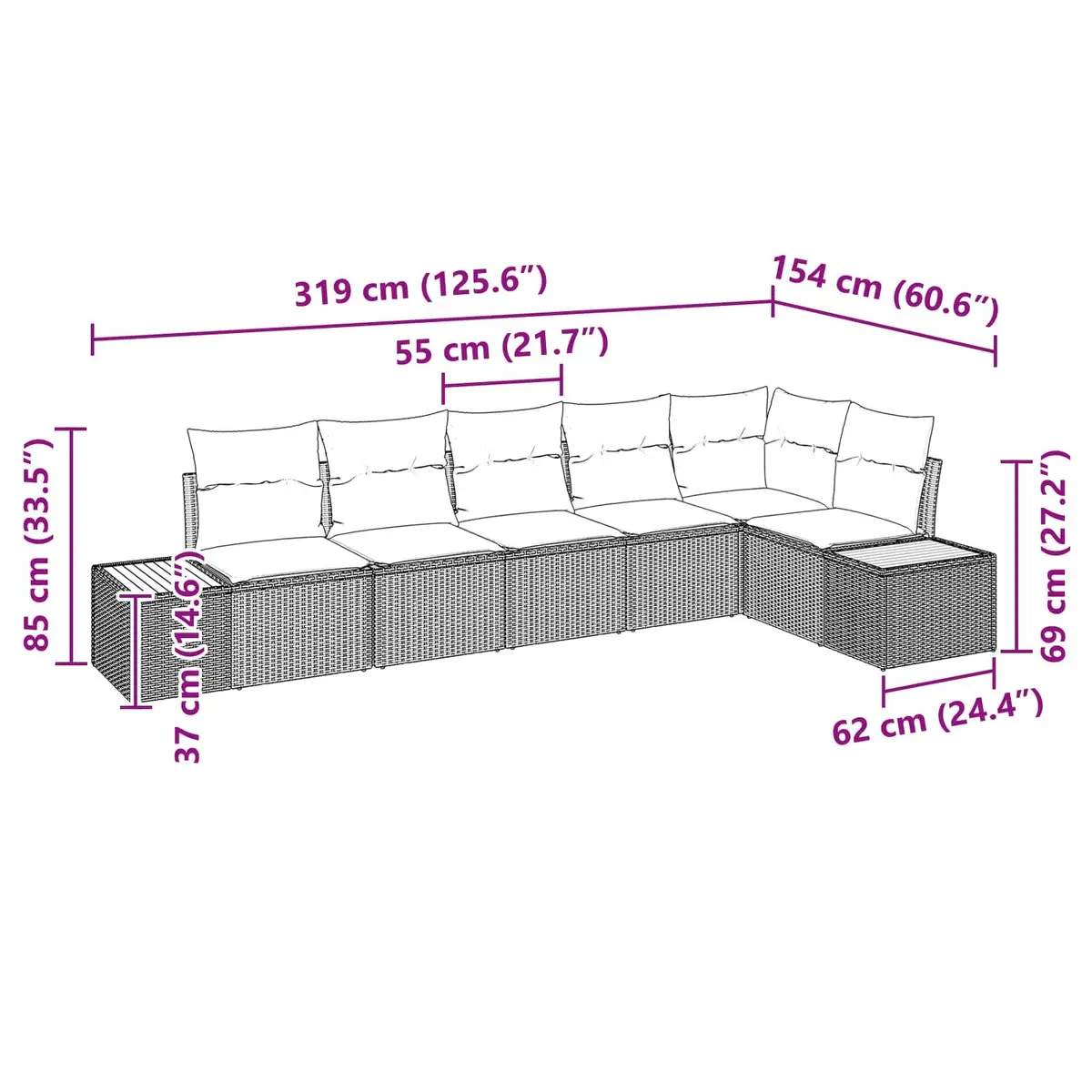 Modular Garden Sofa Set Outdoor Lounge Seating 6 Pieces Black