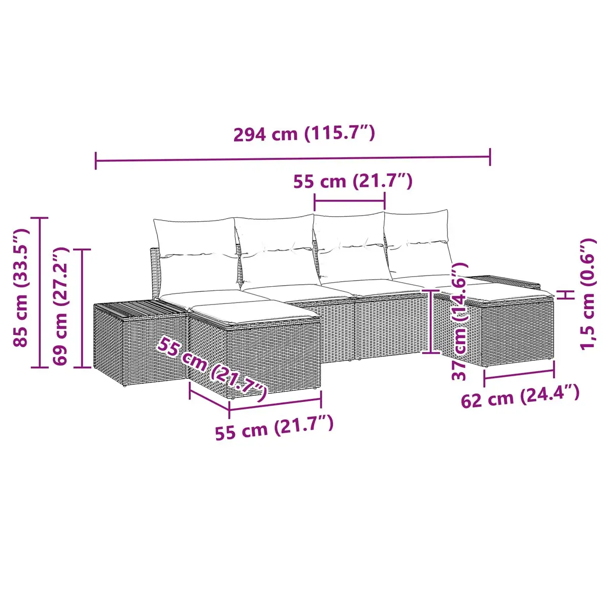 Modular Garden Sofa Set Outdoor Lounging 6 Piece Black Poly Rattan