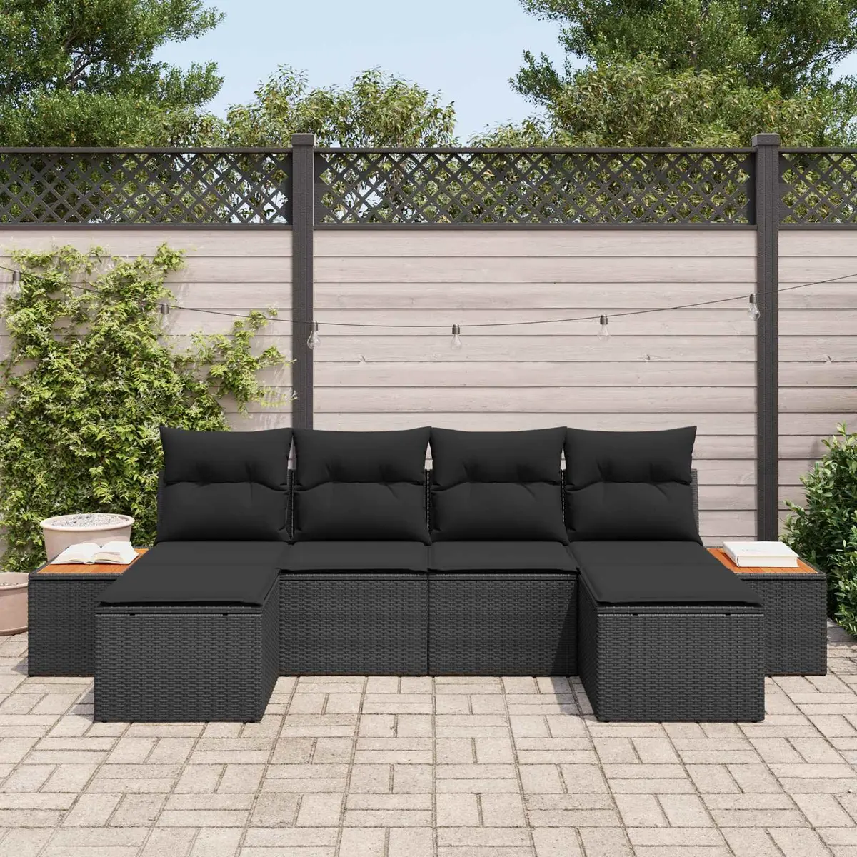 Modular Garden Sofa Set Outdoor Lounging 6 Piece Black Poly Rattan