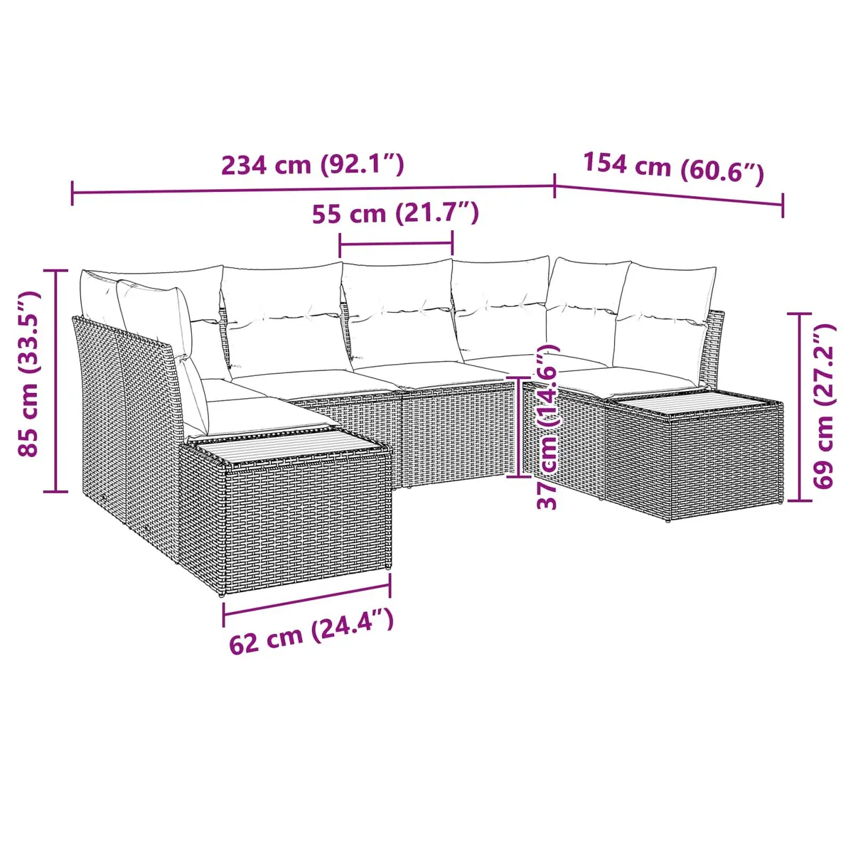 Modular Outdoor Sofa Set 6 Piece Garden Seating Black Poly Rattan Furniture