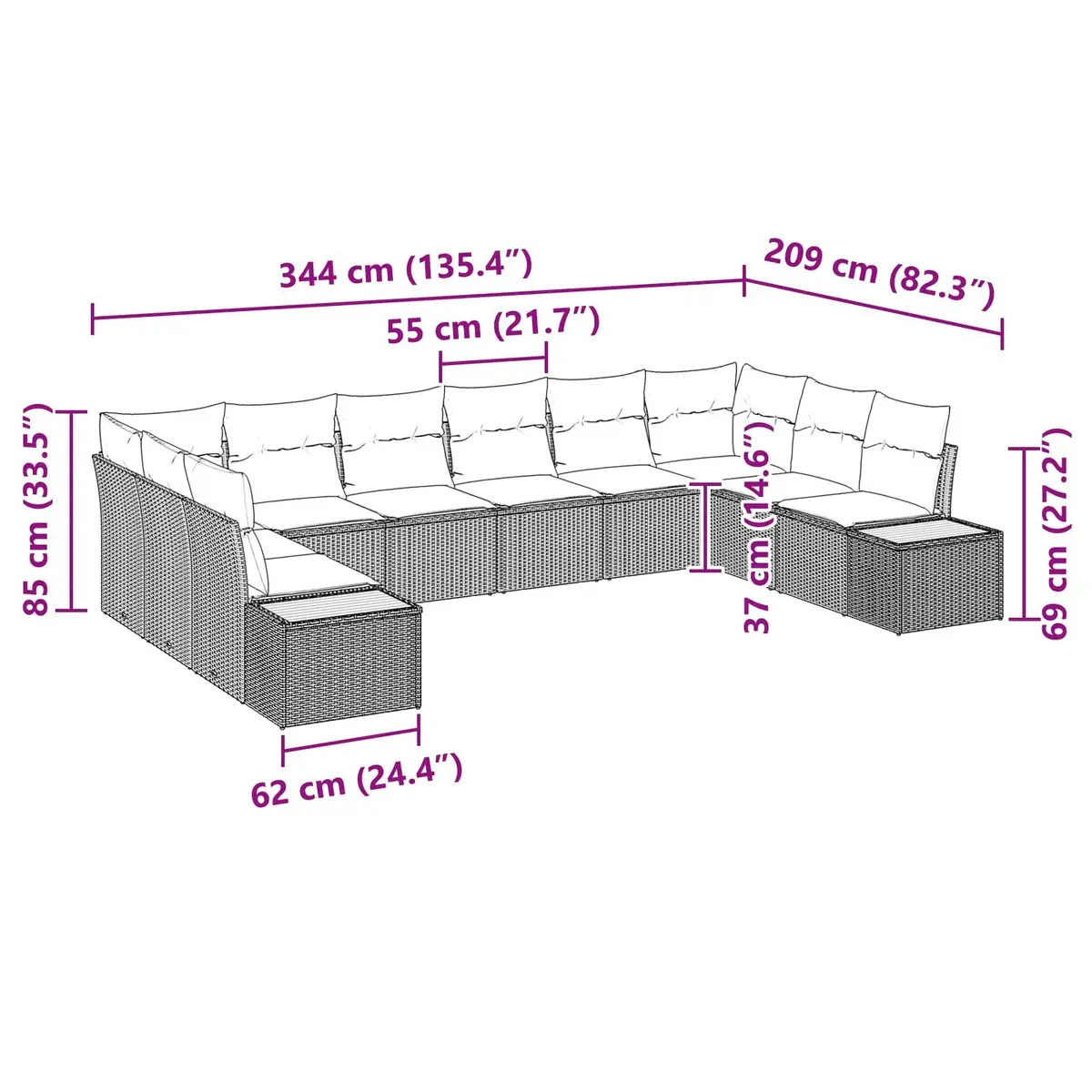 Outdoor Garden Sofa Set Modular Seating 10 Piece Black Poly Rattan