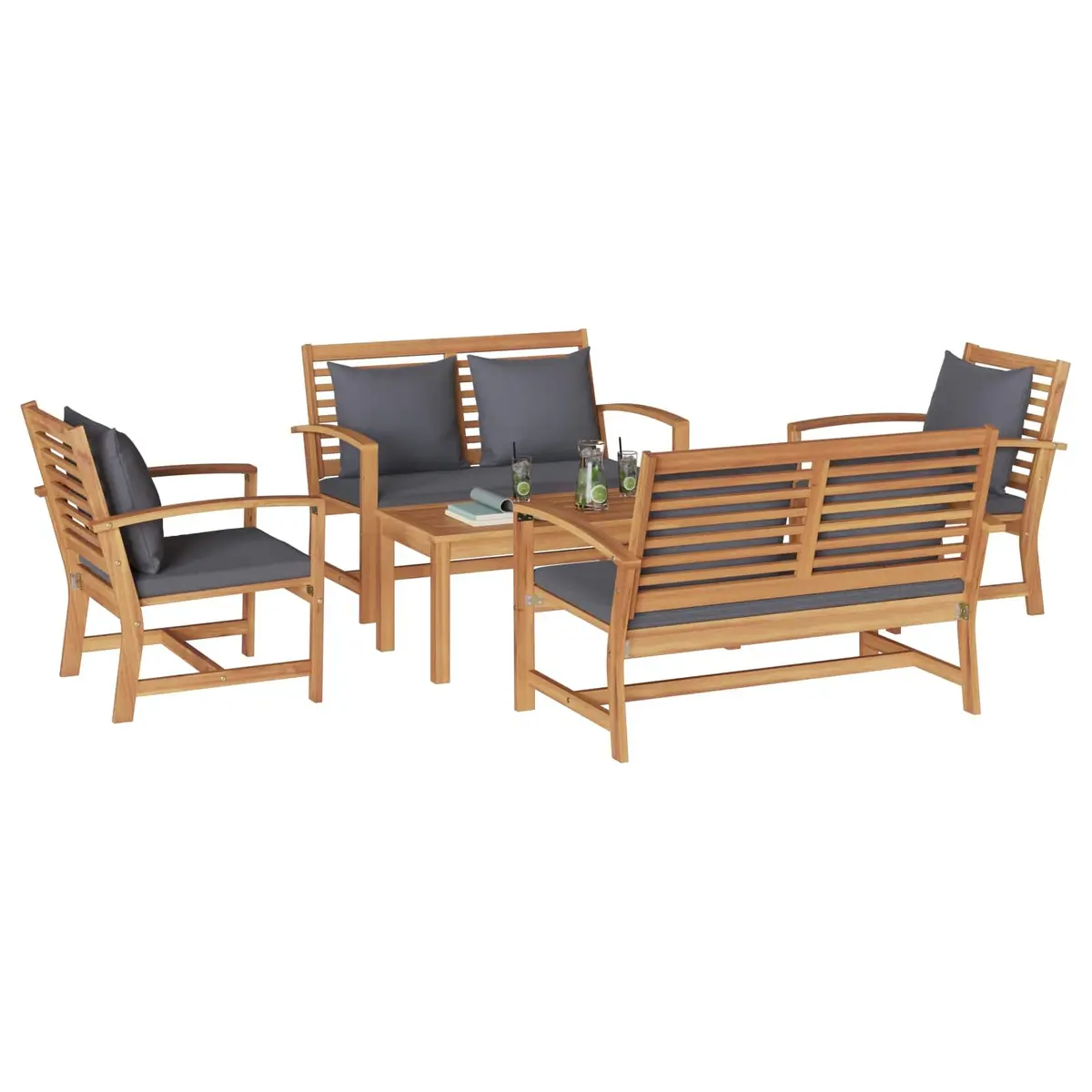 Garden Sofa Set 5 Piece Outdoor Furniture Patio Seating Solid Teak Wood Contemporary Brown