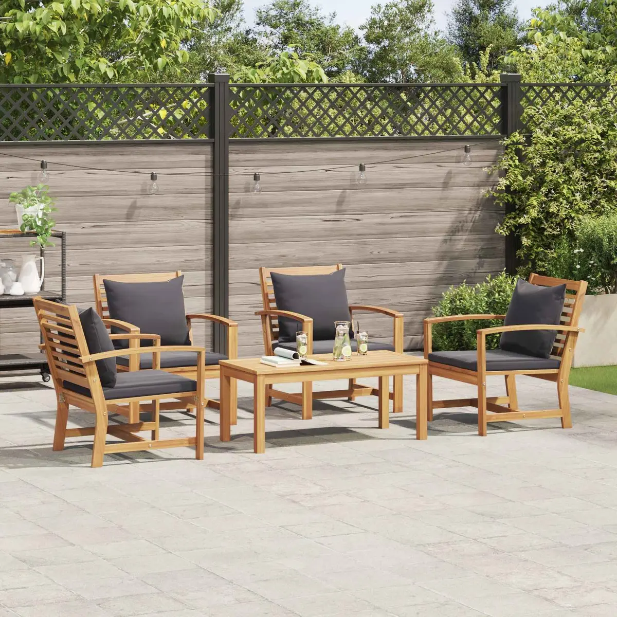 Garden Sofa Set Outdoor Seating 5 Pieces Brown Teak Wood Modern