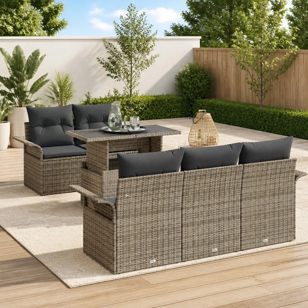 Modular Garden Sofa Set 6 Pieces Outdoor Furniture Grey Poly Rattan