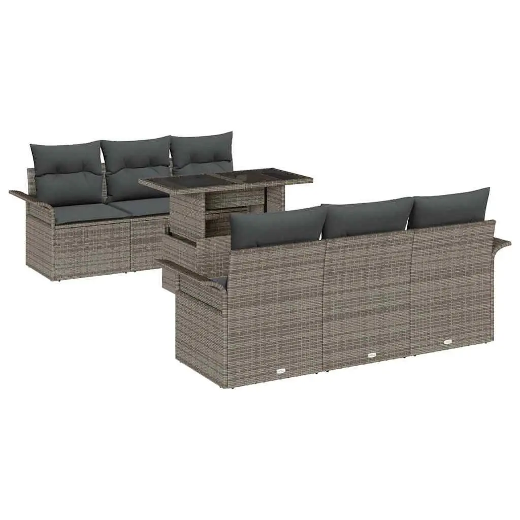 Outdoor Furniture Set Grey Poly Rattan 7 Piece Modular Sofa with Cushions and Glass Top Table for Garden and Patio