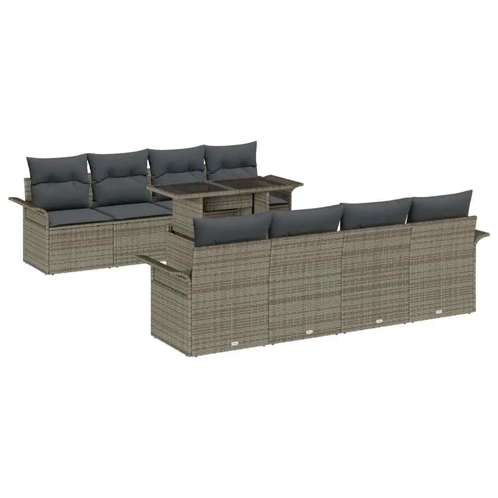 Garden Sofa Set 9 Piece Outdoor Modular Seating Grey Poly Rattan with Cushions and Tempered Glass Table for Patio and Terrace