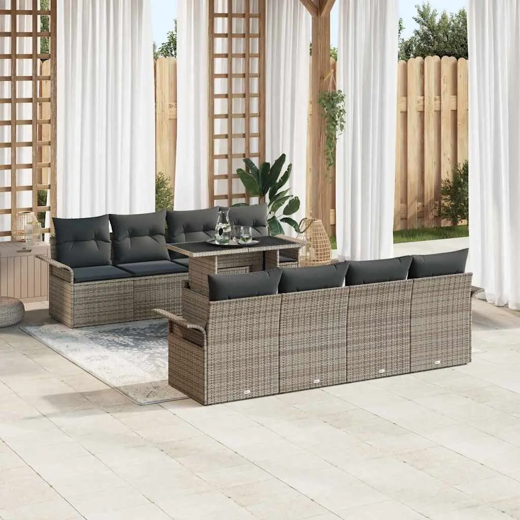 Garden Sofa Set 9 Piece Outdoor Modular Seating Grey Poly Rattan with Cushions and Tempered Glass Table for Patio and Terrace