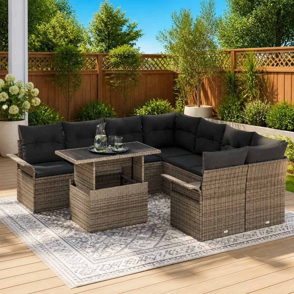 Modular Garden Sofa Set Outdoor Furniture 9 Piece Grey Poly Rattan Patio Lounge