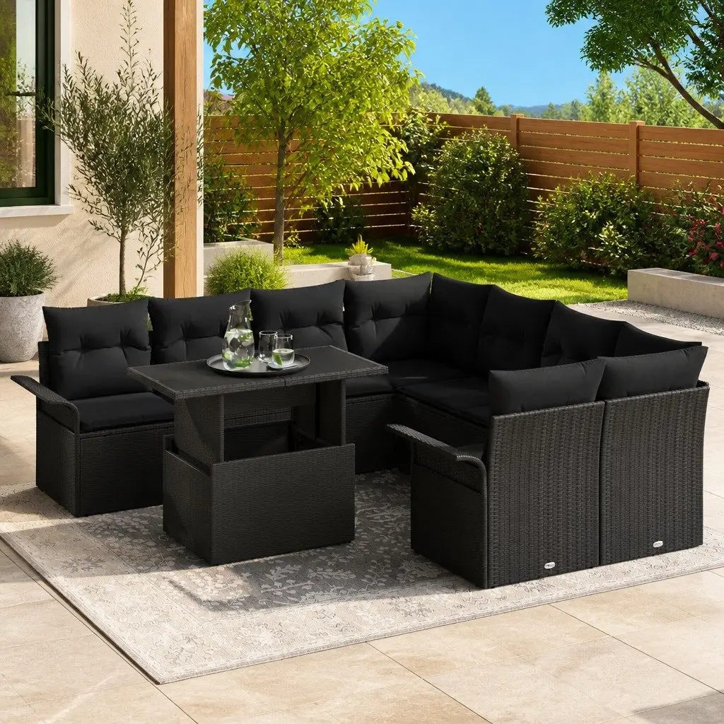 Modular Garden Sofa Set Outdoor Furniture 9 Pieces Black Poly Rattan
