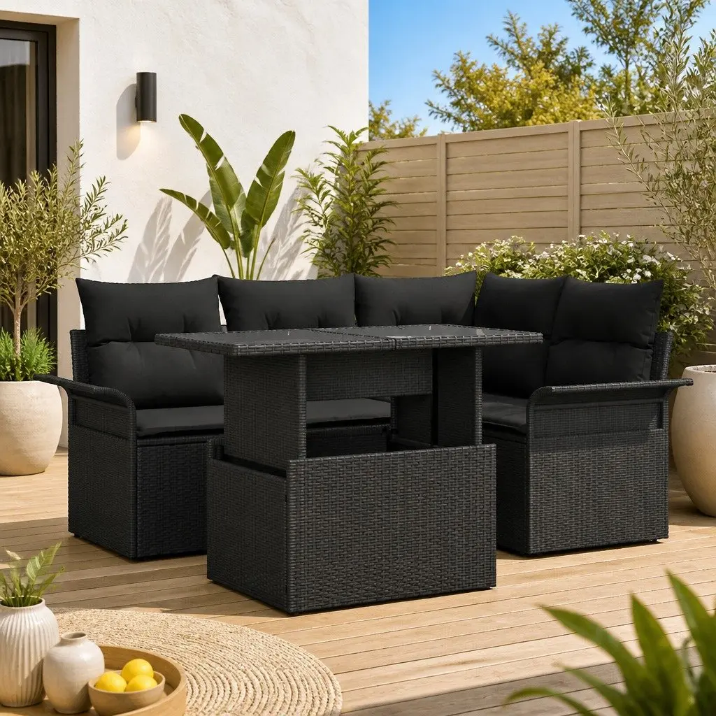 5 Piece Modular Outdoor Garden Sofa Set Black Poly Rattan Lounge with Cushions