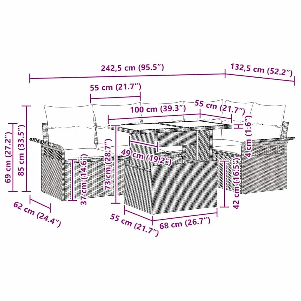 Modular Garden Sofa Set 6 Pieces Black Poly Rattan Outdoor Furniture Patio