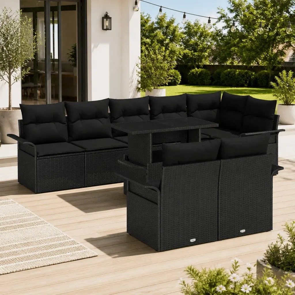 ModularGardenSofaSet9PieceOutdoorPatioComfortBlackPolyRattanwithCushions