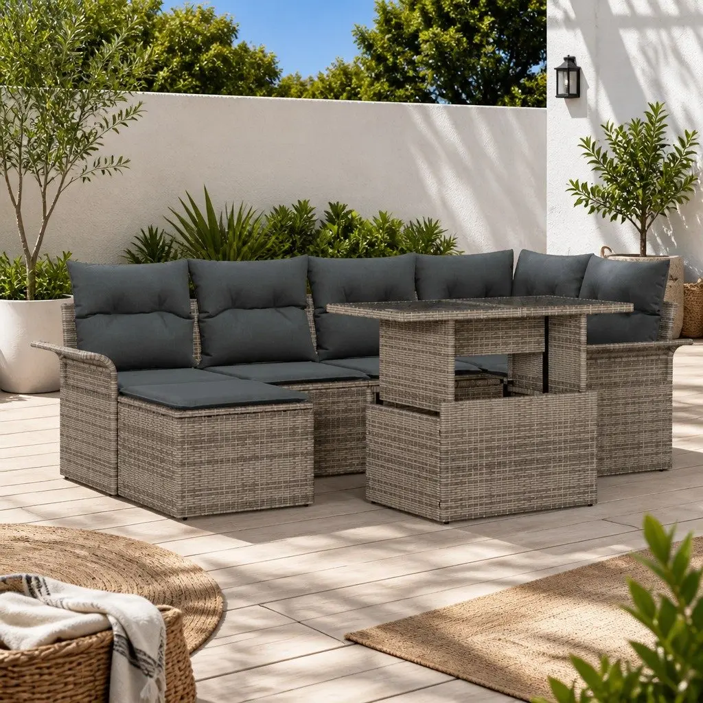 Modular Garden Sofa Set 7 Piece Outdoor Lounge Grey Poly Rattan