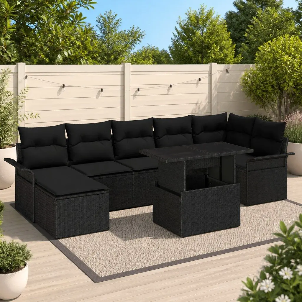 Modular Garden Sofa Set 8 Piece Outdoor Seating Black Poly Rattan with Cushions