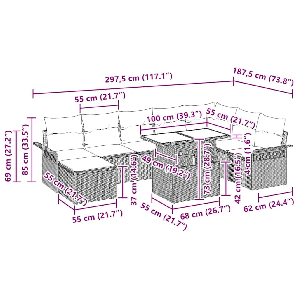 Garden Sofa Set Modular Outdoor Furniture 9 Piece Grey Rattan Steel Frame