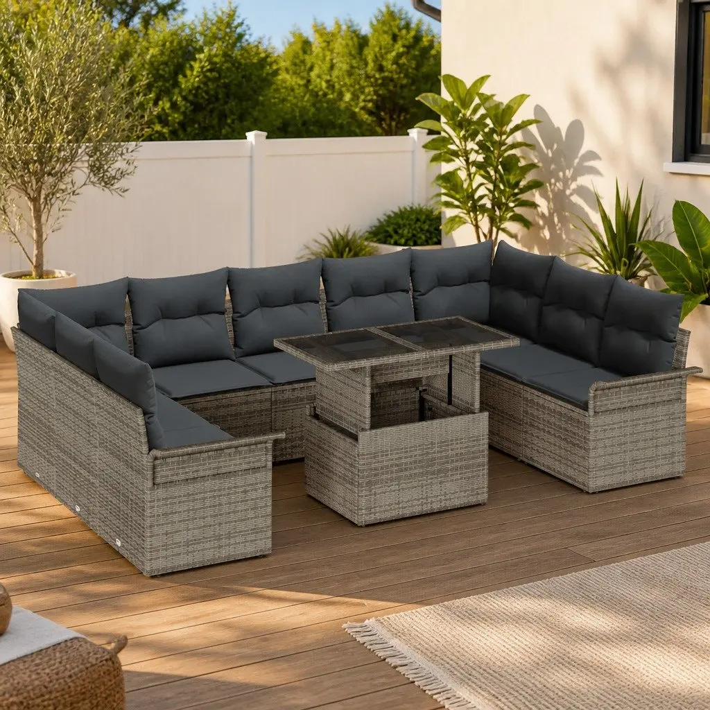 Modular Garden Sofa Set Outdoor Lounge Seating Grey Poly Rattan 10 Pieces