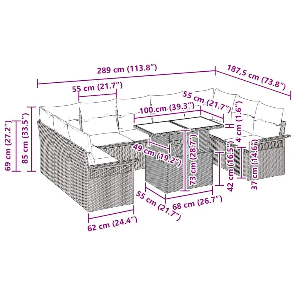 Modular Garden Sofa Set Outdoor Lounge Seating Grey Poly Rattan 10 Pieces