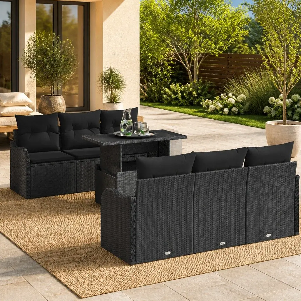 7 Piece Modular Garden Sofa Set Outdoor Sectional Black Poly Rattan with Cushions