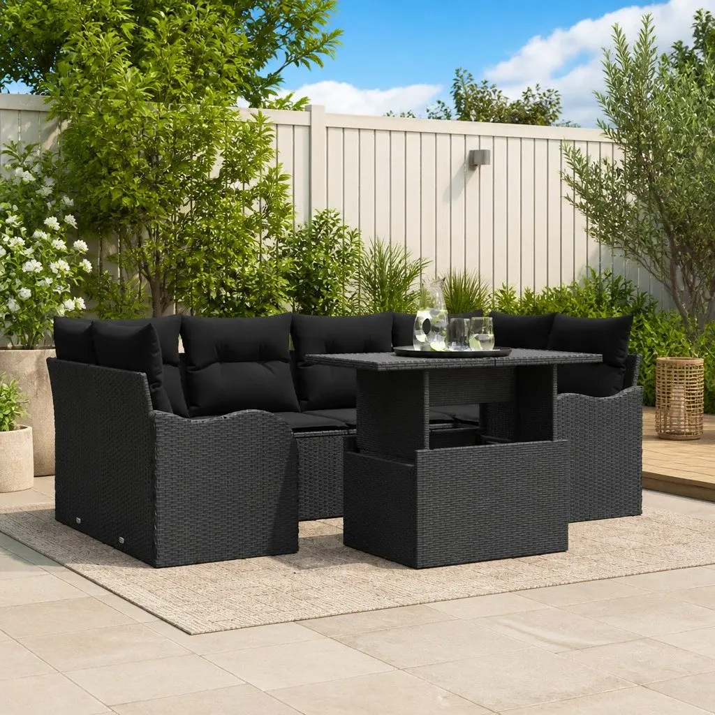 Modular Garden Sofa Set 7 Piece Outdoor Relaxation Black Poly Rattan with Cushions