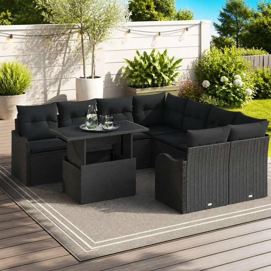 9PieceModularOutdoorSofaSetBlackPolyRattanFurnitureSeatingGardenPatio