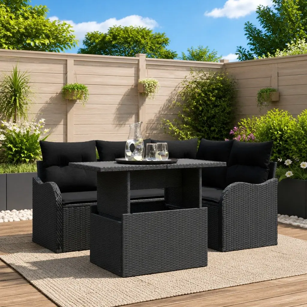 Garden Sofa Set Modular Outdoor Seating 5 Pieces Black Poly Rattan with Cushions