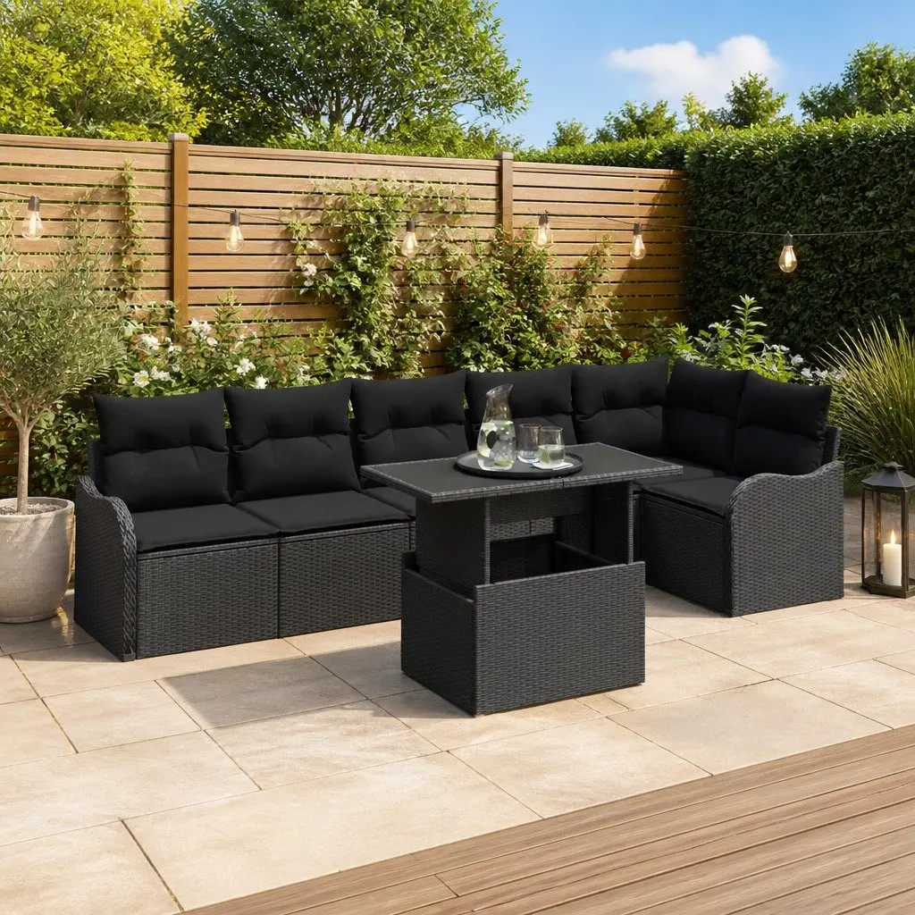 Modular Garden Sofa Set Outdoor Seating 7 Piece Black Poly Rattan Lounge