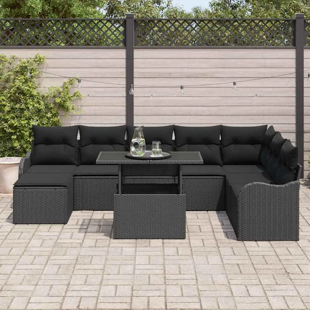Modular Outdoor Garden Sofa Set 9 Pieces Black Poly Rattan Seating with Cushions