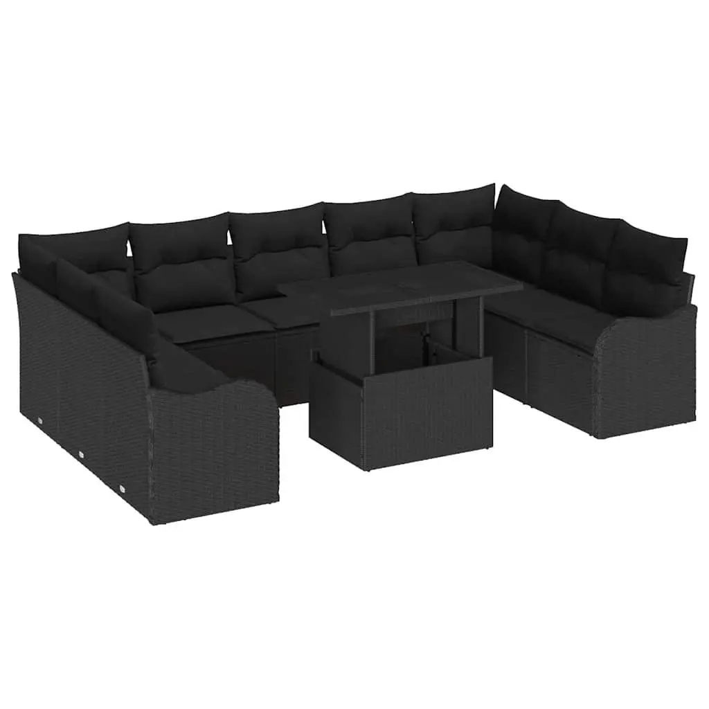Modular Garden Sofa Set 10 Piece Outdoor Seating Black Poly Rattan with Cushions