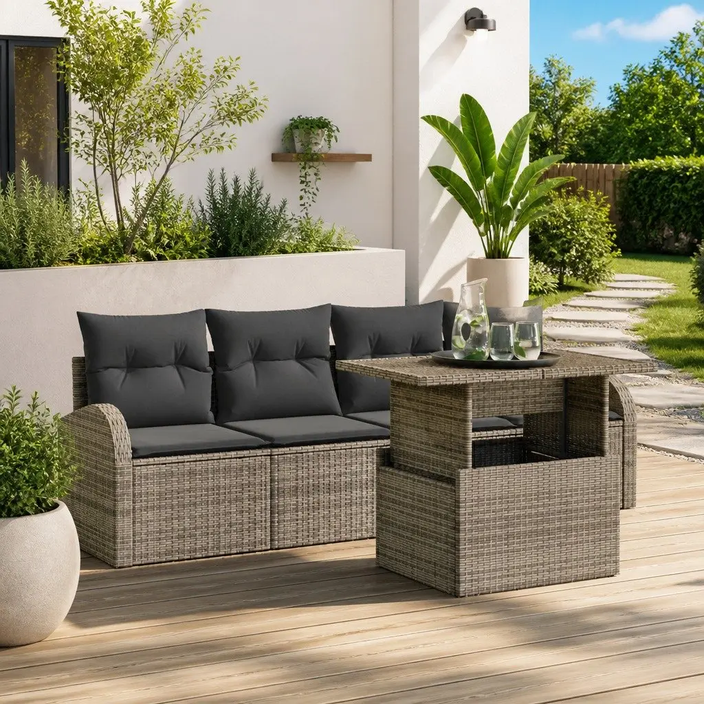 Outdoor Garden Sofa Set 5 Piece Modular Rattan Patio Seating with Table Grey