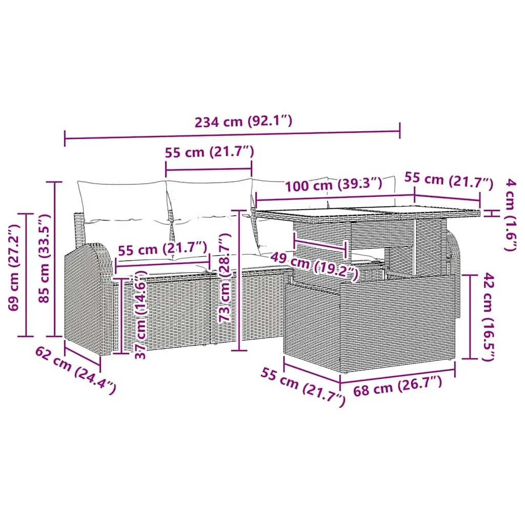 Outdoor Garden Sofa Set 5 Piece Modular Rattan Patio Seating with Table Grey