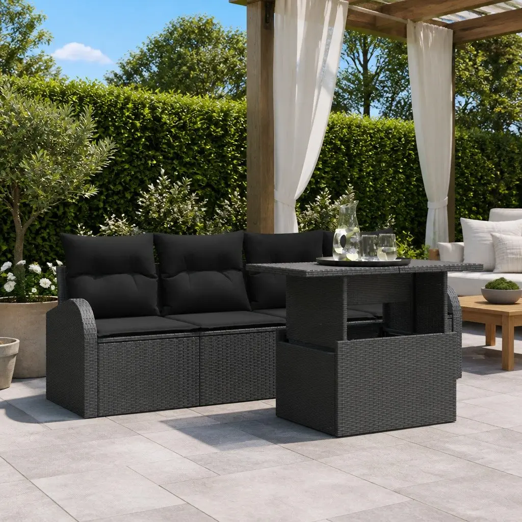 Modular Outdoor Garden Sofa Set 5 Piece Black Poly Rattan with Glass Top Table