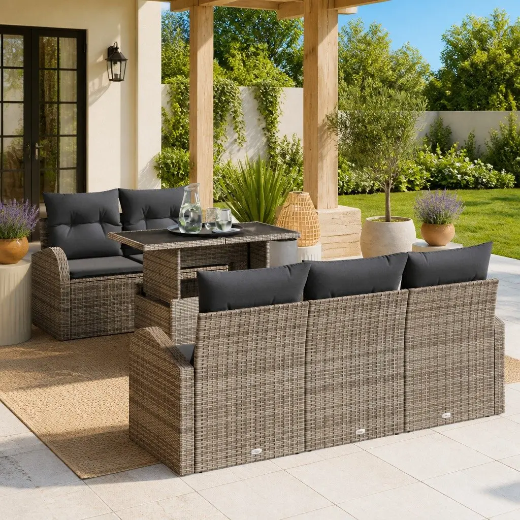 Modular Garden Sofa Set 6 Piece Grey Poly Rattan Outdoor Seating with Cushions