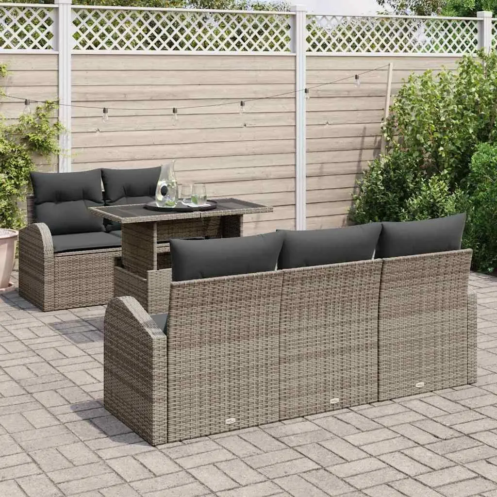 Modular Garden Sofa Set 6 Piece Grey Poly Rattan Outdoor Seating with Cushions