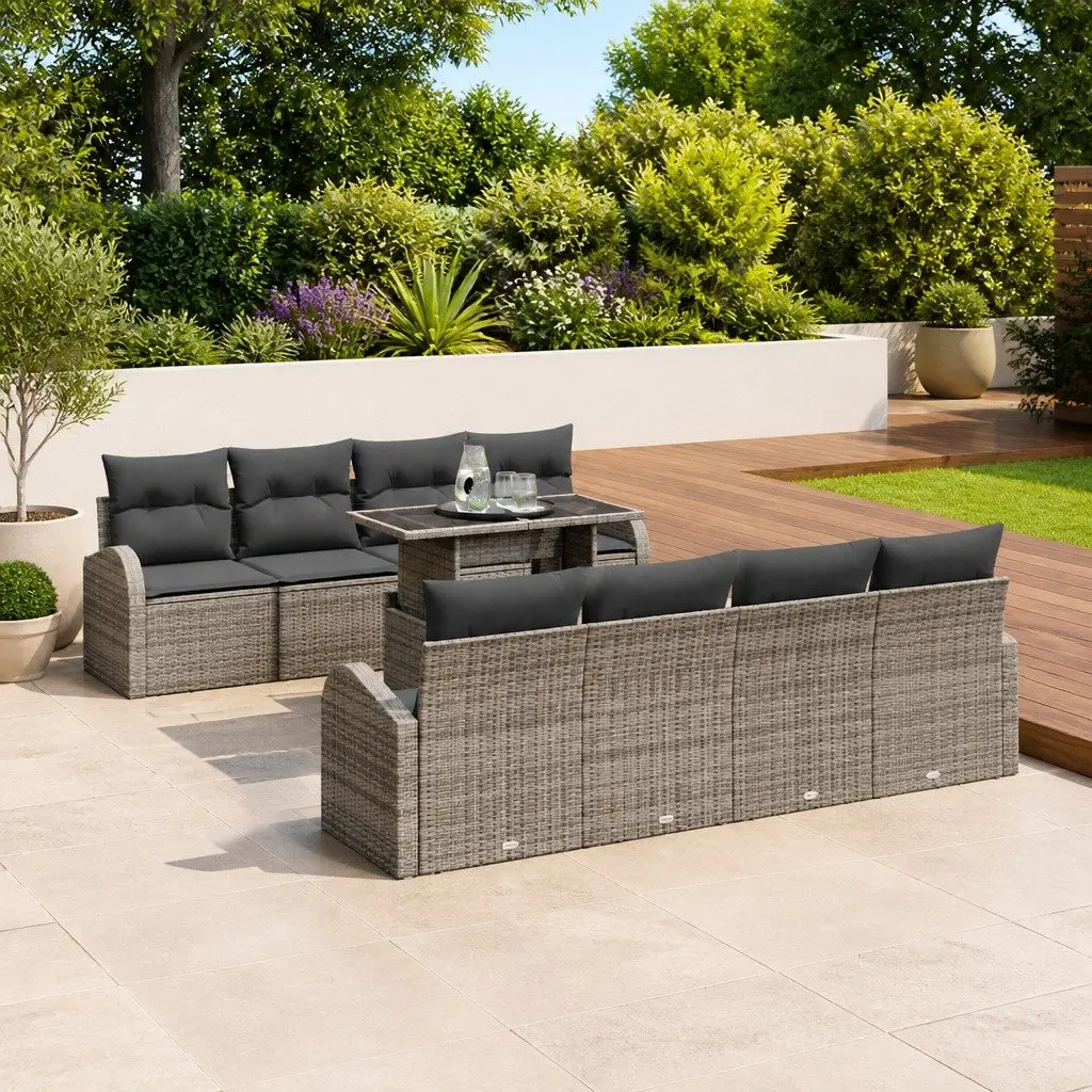 Modular Garden Sofa Set Outdoor Seating 9 Piece Grey Poly Rattan with Cushions