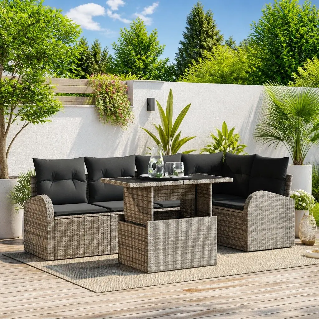 Modular Garden Sofa Set Outdoor Seating 6 Pieces Grey Poly Rattan with Cushions
