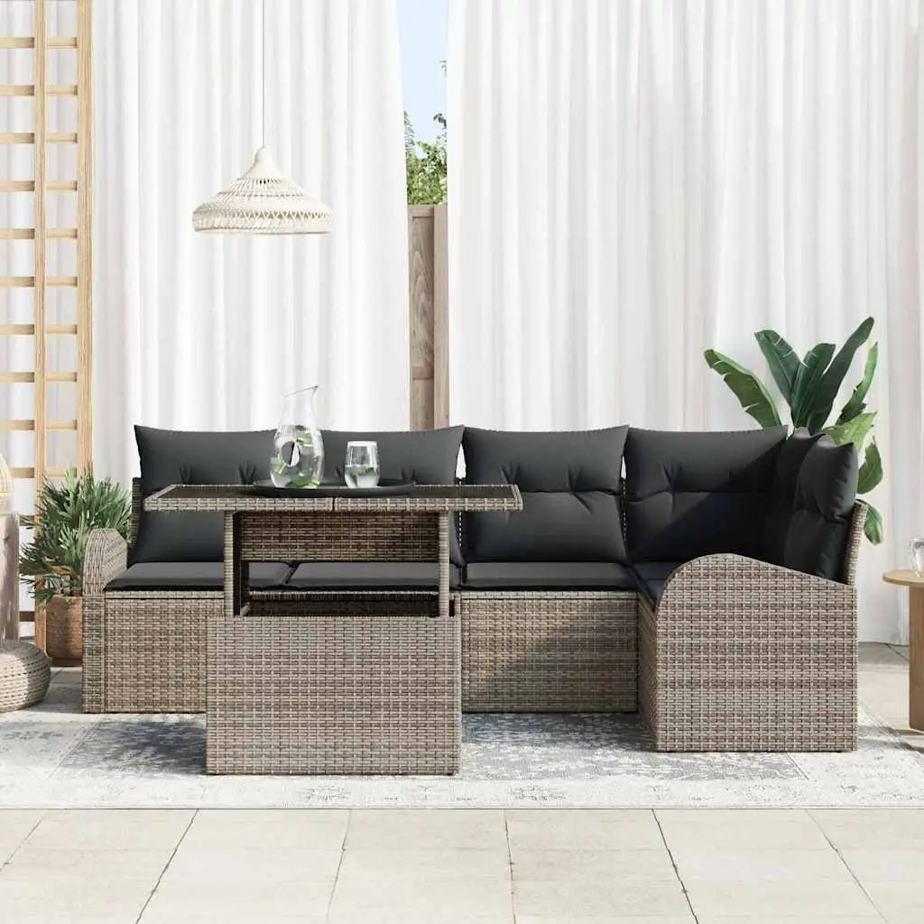 Modular Garden Sofa Set Outdoor Seating 6 Pieces Grey Poly Rattan with Cushions