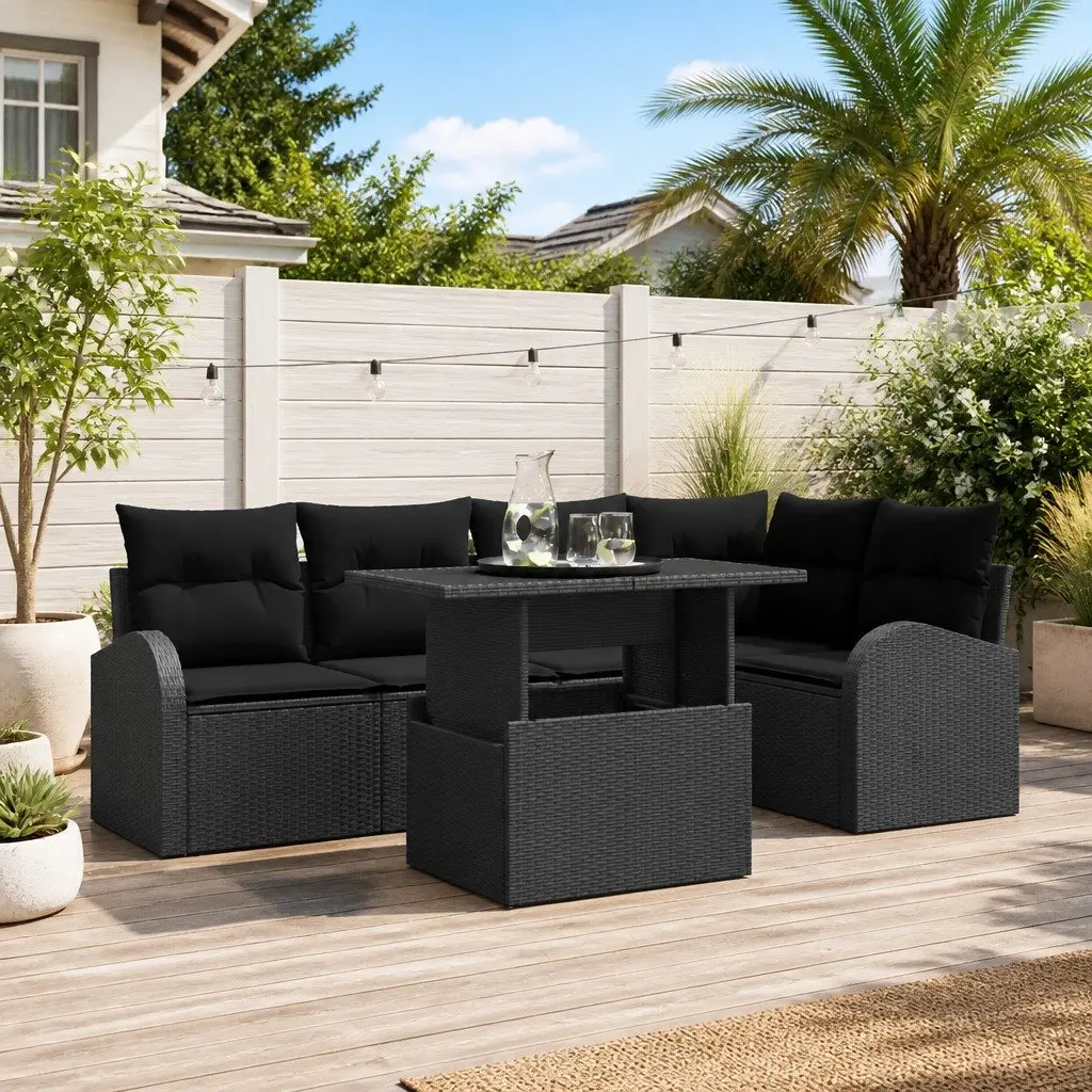 Modular Outdoor Garden Sofa Set 6 Piece Black Poly Rattan with Cushions